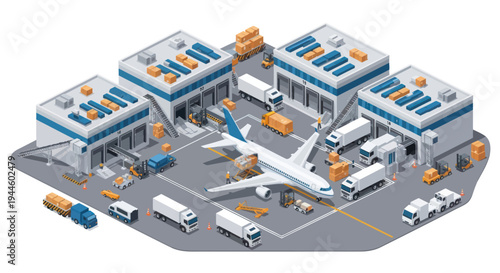 Air cargo logistics hub with airplane, trucks, and warehouses, isometric view.
