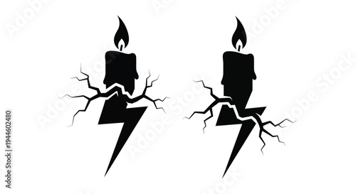 Two cracked candles with flickering flames a black and white illustration