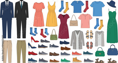Fashion apparel and accessories collection with formal suits, casual dresses, stylish footwear, colorful socks, handbags, and seasonal clothing,