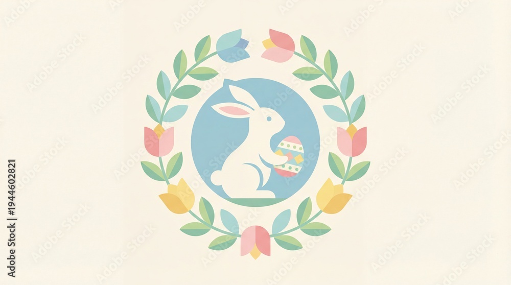 Obraz premium White Easter bunny with decorated egg surrounded by a floral wreath. Spring holiday celebration and festive occasion concept.