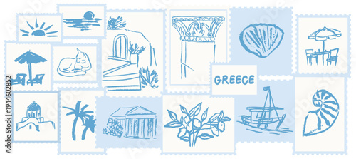 Greek summer vacation mail stamp charcoal style illustration set. Ink grunge hand drawn Greece coastal sea life, architecture, beach. Sea weekend line art for invitations, cards, wedding post mark.