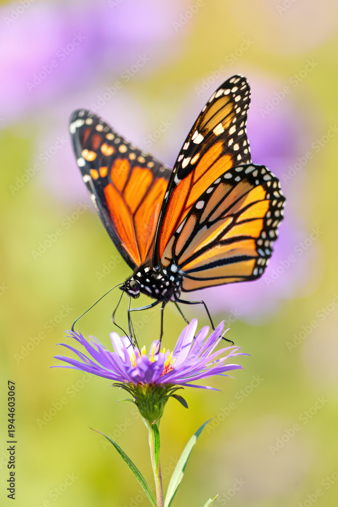 Obraz premium Monarch Butterfly Perched Gracefully on a Vibrant Purple Aster Flower A Captivating Display of Nature's Artistry and the Delicate Dance of Pollination