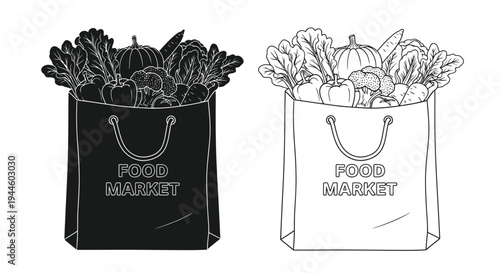 Two paper bags filled with fresh produce and labeled food market