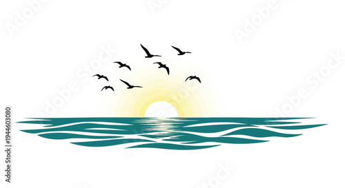 A serene seascape with silhouetted birds flying towards the setting sun
