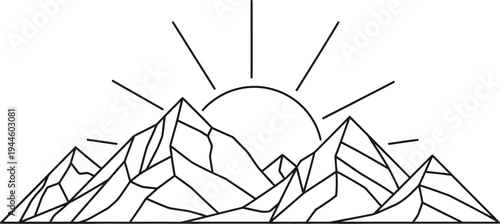 Simple line art illustration of mountains with a rising sun