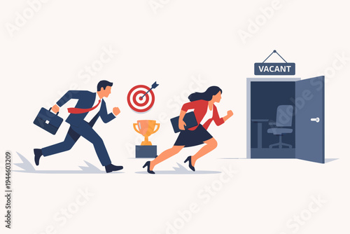 Competitive businessman and businesswoman racing towards an open office door with a vacant sign for a job opening. Concept of career growth, recruitment, hiring, and professional competition.