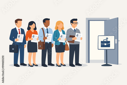 Diverse Group of Job Applicants Standing in Line Holding CV Resumes Waiting for Interview Outside Office Door with Hiring Sign, Recruitment and Employment Concept Flat Vector Illustration