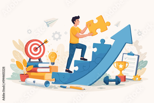 Man Climbing Puzzle Piece Arrow Staircase for Self Development and Career Growth Concept with Target, Trophy, Lightbulb, and Checklist, Flat Vector Illustration for Success and Goal Achievement