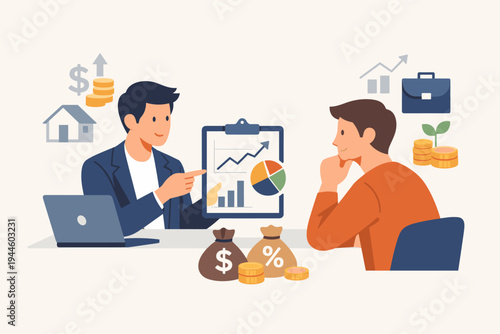 Financial advisor consulting a client on investment strategies and wealth management. Flat vector illustration showing a professional expert explaining stock market growth and savings plans.