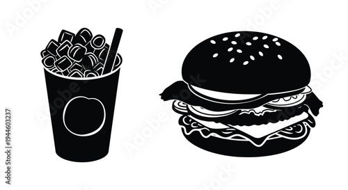 Simple black and white illustration of a burger and french fries