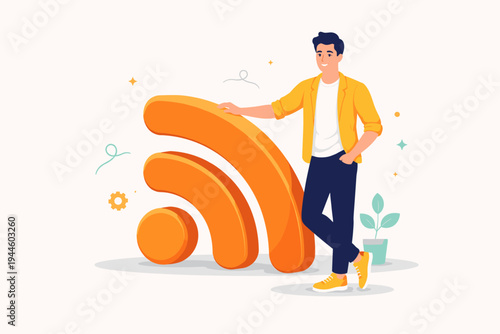 Vector Illustration of a Young Man Standing Next to a Large 3D Orange RSS Symbol, Representing News Feeds, Podcasts, and Digital Subscriptions in a Modern Flat Style on a Clean White Background.