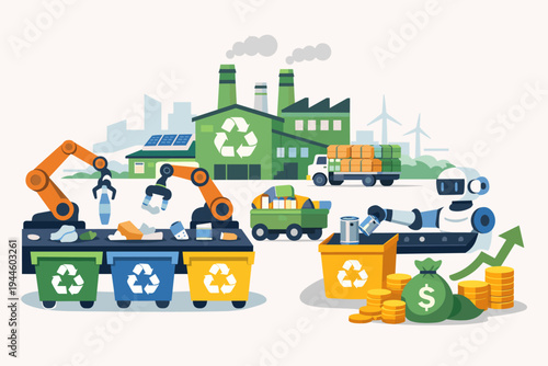 Profitable automated recycling factory with robotic arms and humanoid robot sorting waste into color-coded bins, green energy plant with solar panels, wind turbines, and circular economy concept.