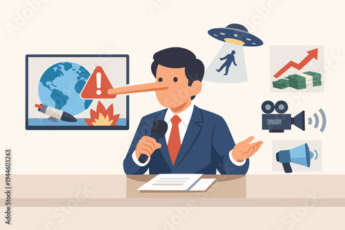Vector Illustration of a News Anchor with a Long Liar Nose Spreading Fake News and Misinformation on TV, Concept of Media Manipulation, Sensationalism, Propaganda, and False Information Reporting