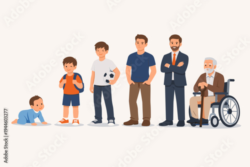 Vector Illustration of Male Life Cycle Stages Showing Growth and Aging Process from Crawling Baby to School Boy, Teenager, Young Adult, Professional Businessman, and Elderly Man in Wheelchair