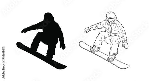 Snowboarder illustration depicting a silhouette and line art version
