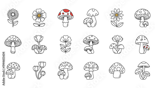 Cute mushroom and flower outline icon set for nature design