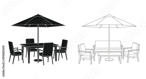 Two outdoor furniture arrangements with umbrellas and seating are depicted