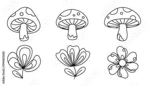 Large mushroom and artistic flower outline set for creative design