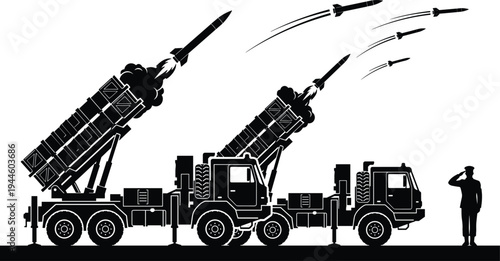 Mobile surface to air missile defense system silhouette featuring active launch from heavy transport vehicles and saluting military officer.