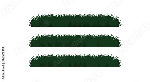 Three rows of vibrant green grass isolated on a white background