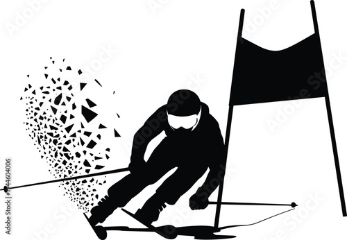 Flat vector black and white silhouette of skier navigating slalom gate in dynamic motion, winter sports illustration, alpine skiing competition design