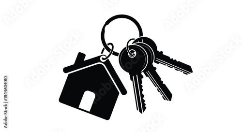 Black silhouette of keys with a house shaped keychain isolated on white