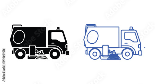 Street sweeper truck icons in black and blue line styles