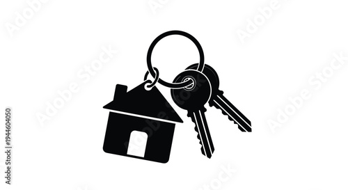 Black silhouette of keys with a house shaped charm isolated on white