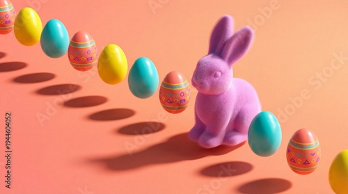 Pink bunny figurine surrounded by colorful Easter eggs on pastel background  