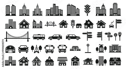 Black and white cityscape icons featuring buildings vehicles and road signs