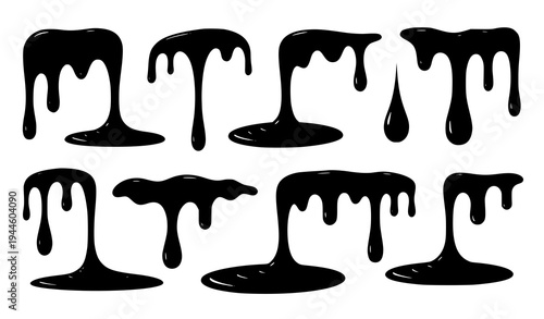 Chocolate sauce drips drops splashes and puddles realistic dessert vector design set