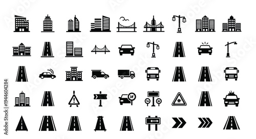 Collection of black and white city infrastructure and transportation icons