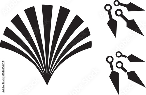 Japanese Kunai Knife and Folding Fan Silhouette Set – Ninja Weapon and Traditional Ornament Vector Icons