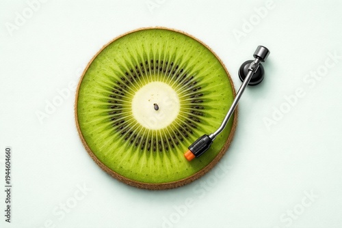 Fresh kiwi slice with vinyl record player tonearm minimal creative food music concept scene