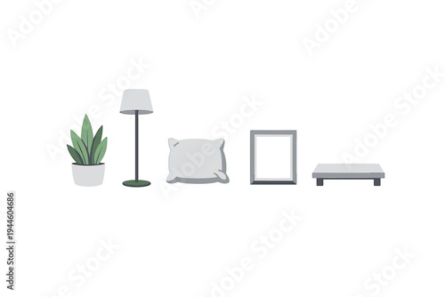 A collection of five home decor stickers including a potted plant, a