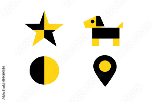 A collection of four minimalist geometric icons featuring a star, a stylized animal, a split circle, and a nested circle design in bright yellow and black on a dark background.