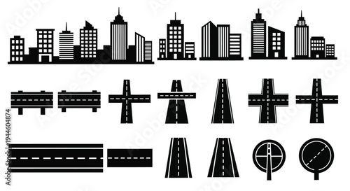 Black silhouette cityscape and road infrastructure elements on a white background