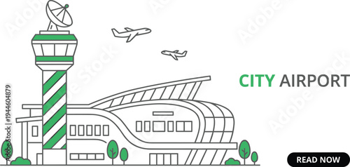 Modern city airport terminal building line art illustration with commercial passenger airplanes and radar control tower station