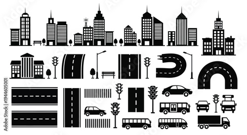 Black silhouette cityscape with roads vehicles and traffic elements