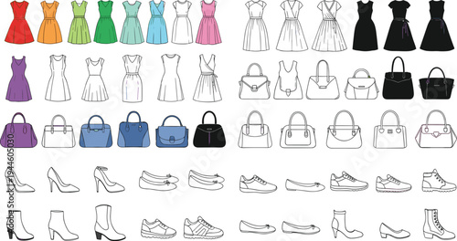 Fashion collection with colorful and outline dresses, stylish handbags, elegant high heels, sneakers, and boots, vector illustration for design