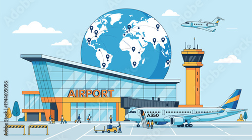 Modern airport terminal building with passenger airplane boarding bridge control tower and global travel destination world map
