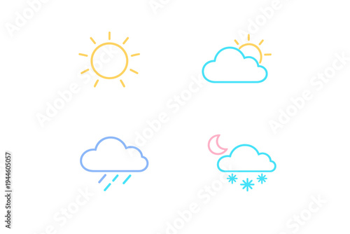 Four minimalist weather icons featuring a sun, partly cloudy sky, rain, and snow at night with a moon. The icons are designed with colorful neon outlines on a dark background.