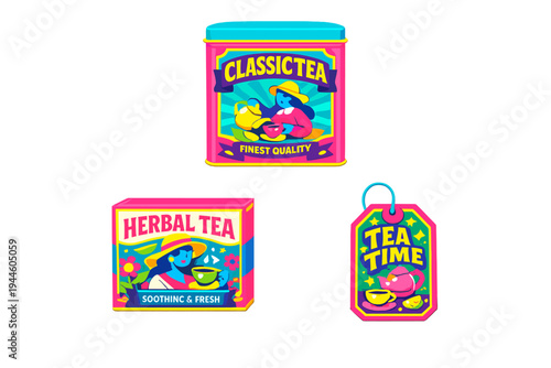 A collection of vibrant tea packaging illustrations including a tin, a box, and a tag, featuring stylized women, teapots, and floral motifs in a colorful flat art style.