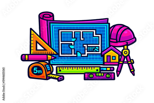 Vibrant neon illustration featuring a detailed blueprint floor plan surrounded by essential construction tools like a hard hat, ruler, tape measure, and compass on a black background.