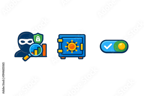 Three colorful icons representing security and data protection, featuring a masked figure with a magnifying glass, a blue metal safe, and a green toggle switch with a checkmark.