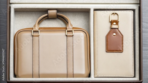 Souvenir Leather briefcase and luggage tag set in a luxury gift box, ideal for travel or business use.