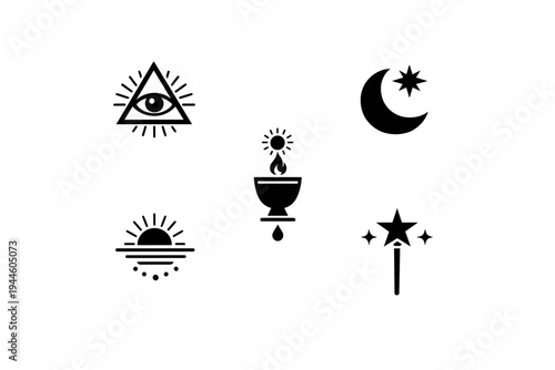 A collection of five black line art icons featuring mystical and celestial symbols like a crescent moon, a magic wand, a rising sun, a chalice, and an eye with rays on a white background.