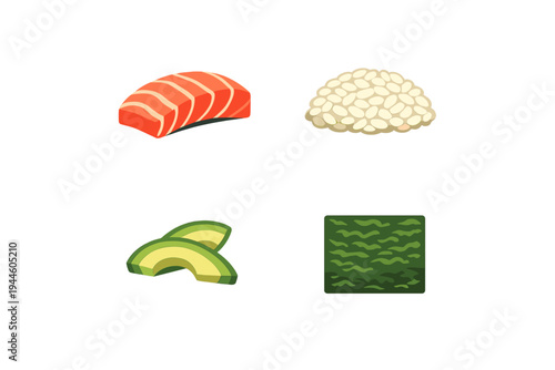 A collection of four flat illustrations showing sushi ingredients including fresh salmon, a pile of white rice, sliced avocado, and a green seaweed sheet on a black background.
