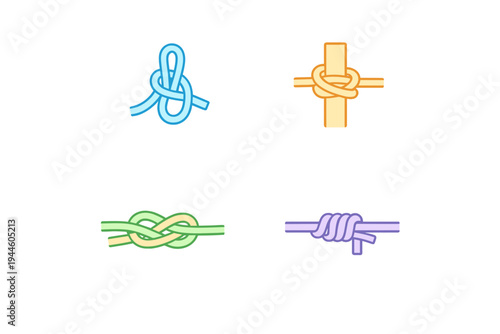 Four colorful rope knot illustrations are displayed on a black background. The set includes a blue loop, an orange hitch, a green square knot, and a purple coil knot in a flat style.