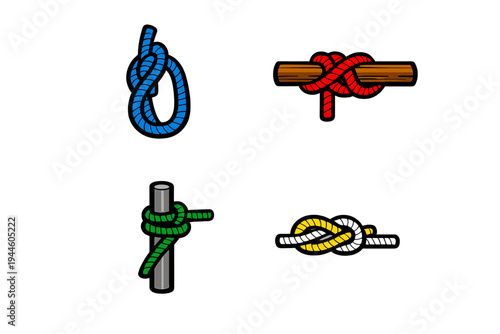 A set of four colorful vector illustrations showing different types of nautical and climbing knots tied with blue, red, green, yellow, and white ropes on a black background.
